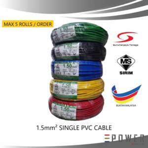 2. 5 rolls of 1.5mm PVC single cable in various colors for electrical wiring solutions.
